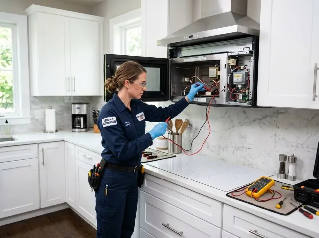 Appliance Repair Hero technician testing an over-the-range microwave in a Black Mountain, NC kitchen
